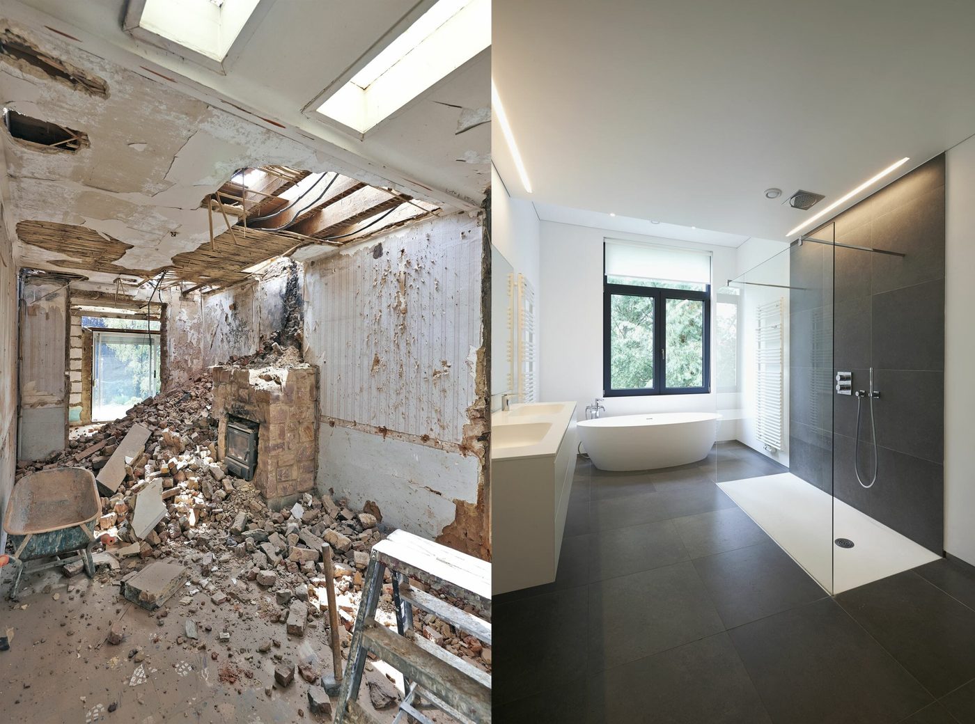 A Ray May bathroom remodel, before and after side by side